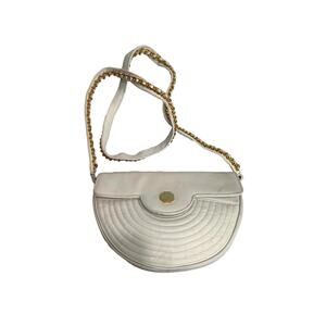 80s 90s White Leather Semi Circle Shoulder Bag Gold Chain Accents